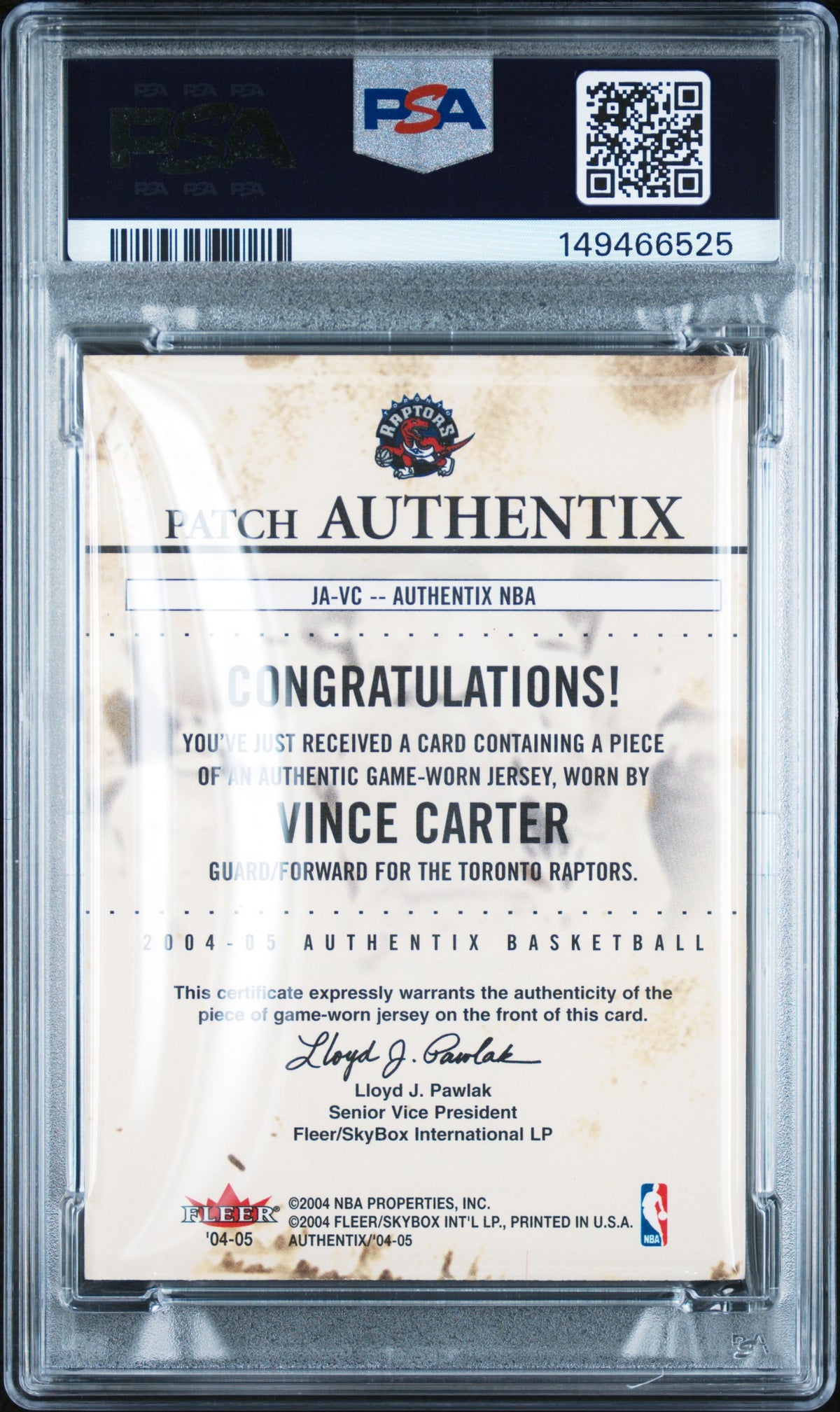 2004 Fleer Authentix Vince Carter #JA-VC Jersey Authentic Patch /50 Psa 8