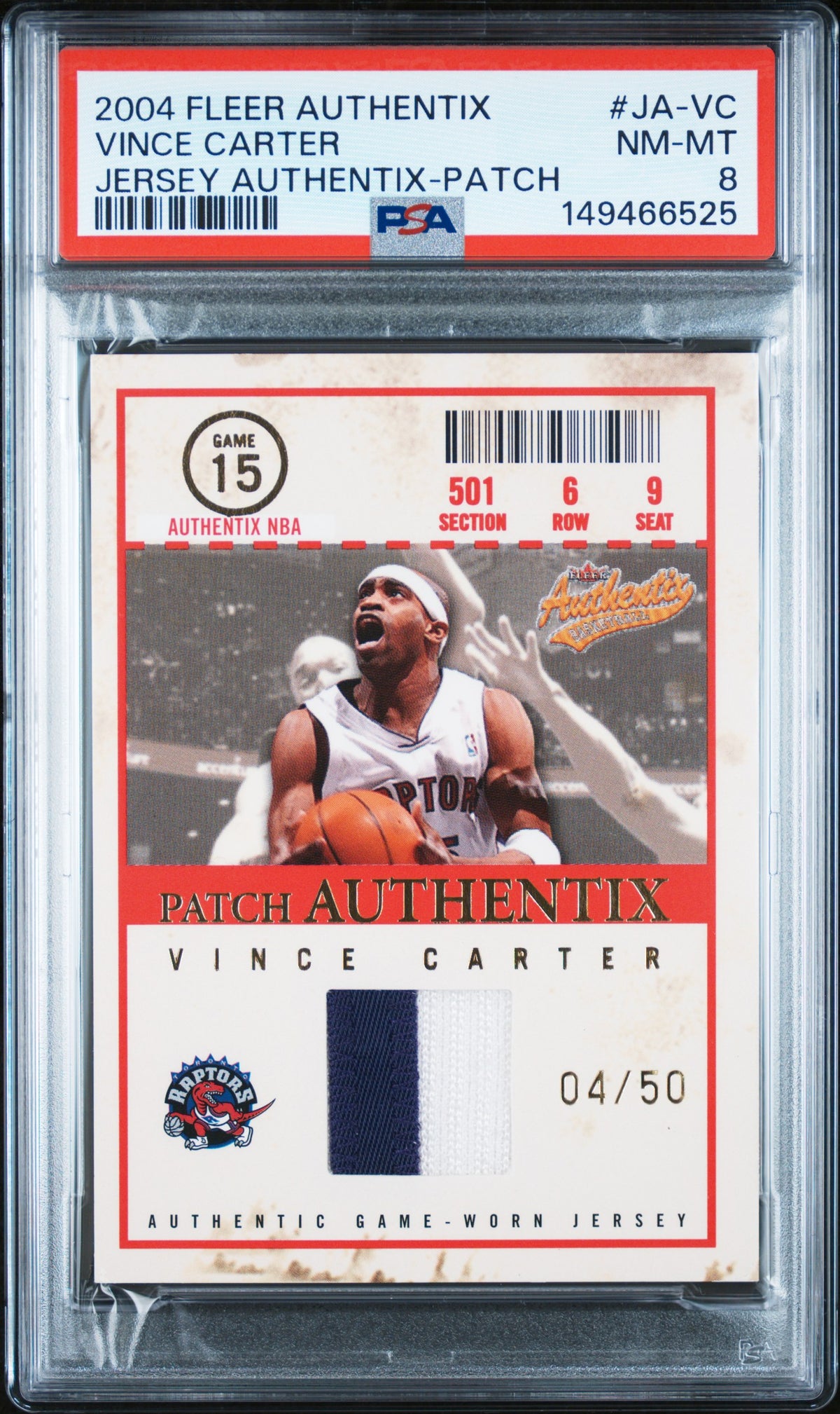 2004 Fleer Authentix Vince Carter #JA-VC Jersey Authentic Patch /50 Psa 8